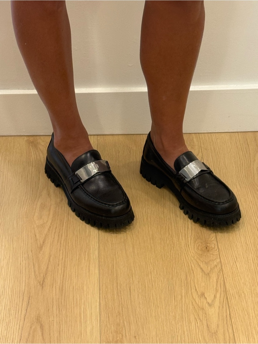 Maje Black Leather Chunky-Loafers with Silver Strap